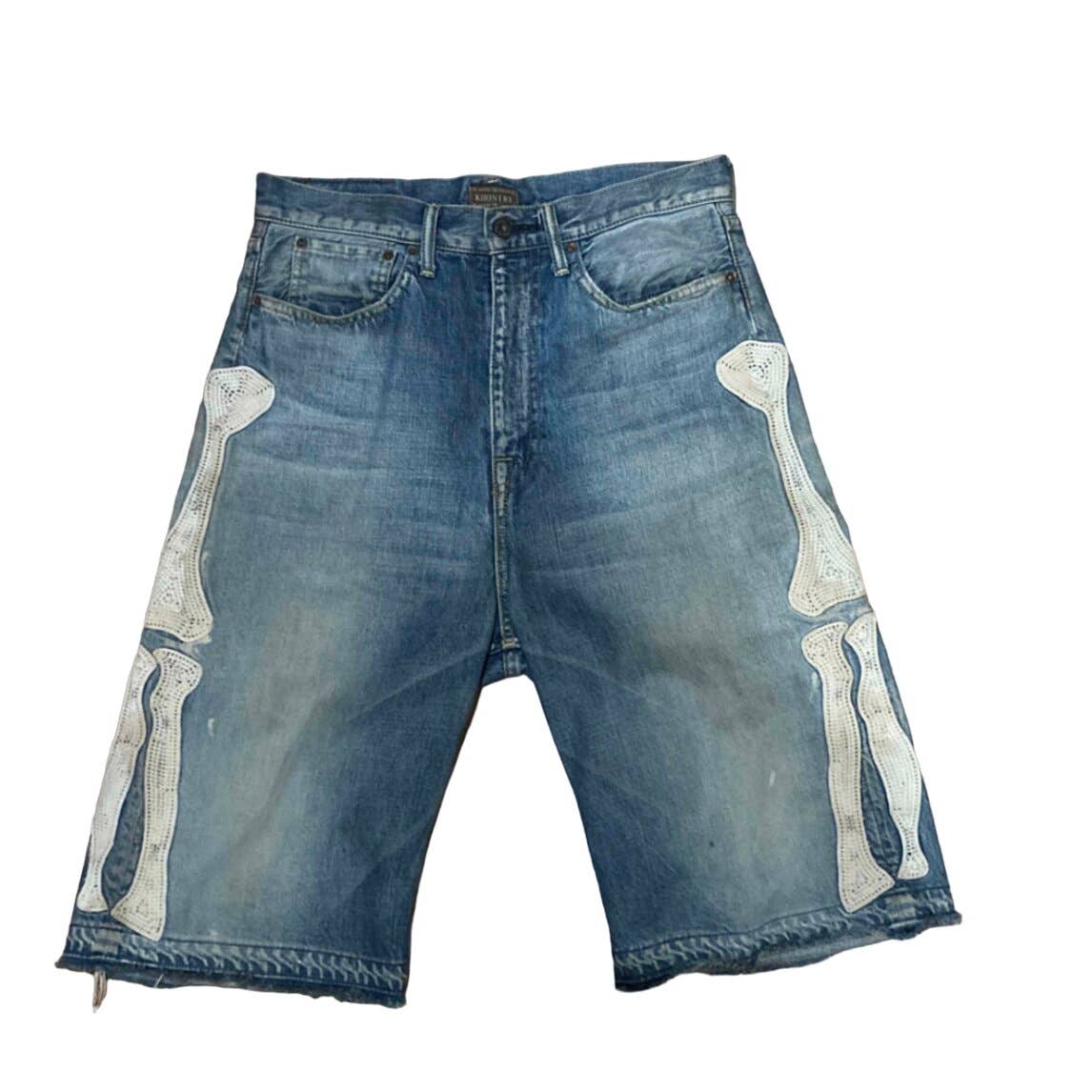 Kapital embroidered bone skeleton denim jean short jorts